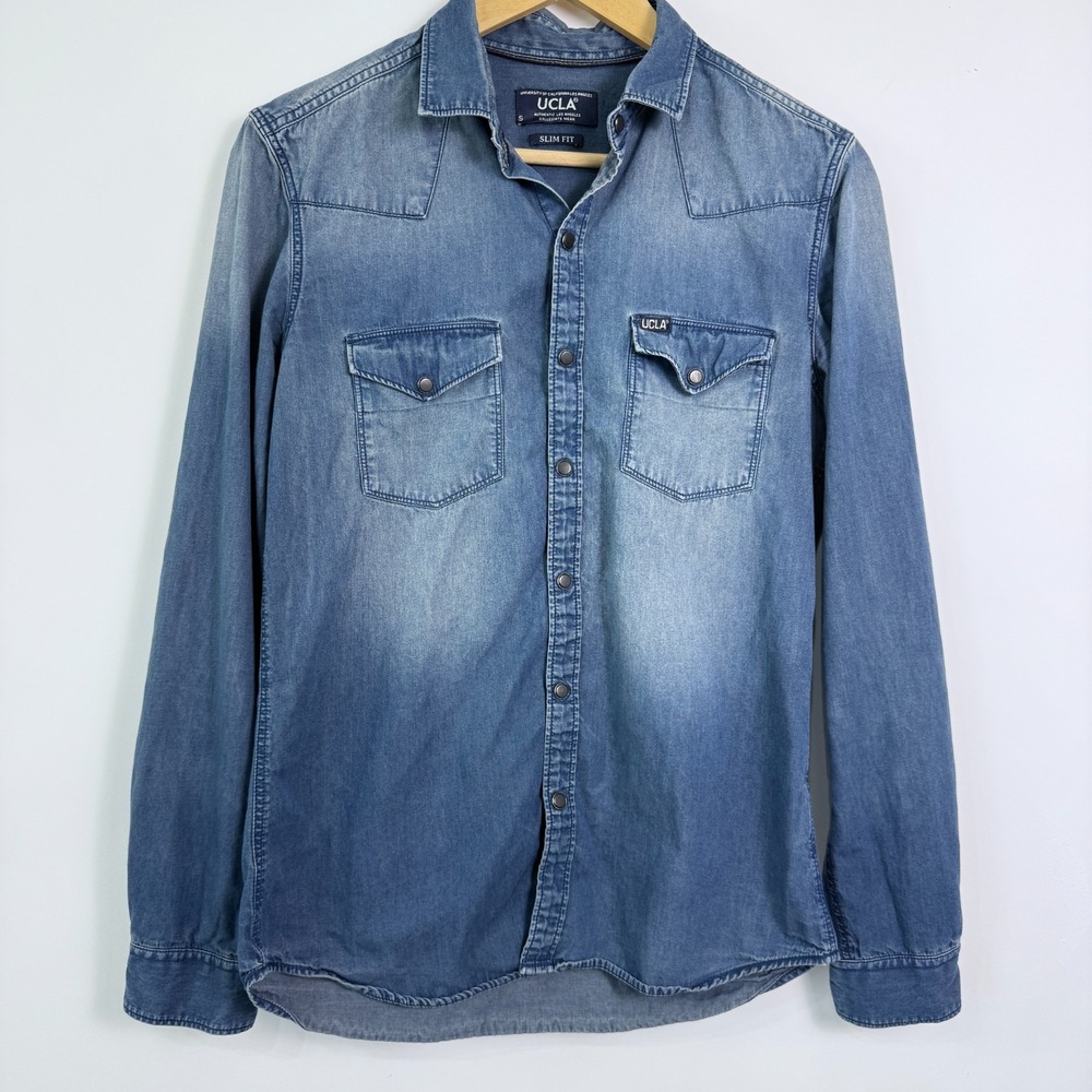 UCLA Chambray Denim Snap Button Shirt Mens Small Slim Fit‎ Faded Blue Western